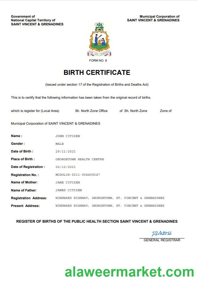 Saint Vincent & Grenadines vital record birth certificate Word and PDF template